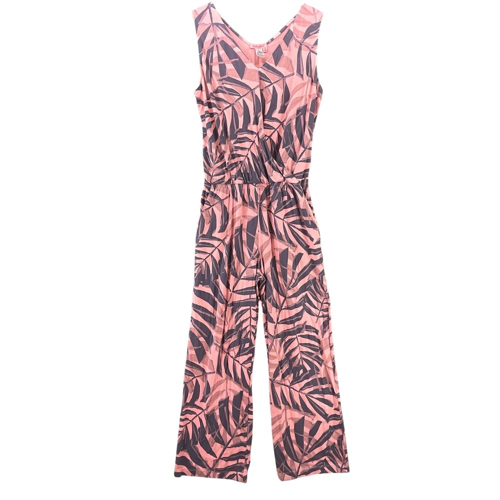 Fresh Produce Jumpsuit Womens M Pink‎ Tropical Palm Leaf V-Neck Boho Good USA